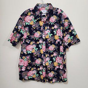 TuneVuse bright colorful floral print short sleeve button up shirt men's size L